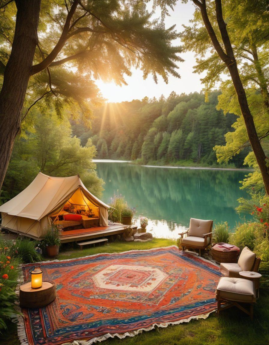 A romantic scene showcasing a cozy glamping setup with a tent, surrounded by beautiful nature, and a couple fishing nearby on a serene lake. Soft golden sunlight filters through the trees, creating a warm and inviting atmosphere. Include elements like a picnic blanket, lanterns, and fishing poles to emphasize outdoor fun. Incorporate blooming wildflowers and lush greenery to enhance the overall vibe. super-realistic. vibrant colors. peaceful ambiance.