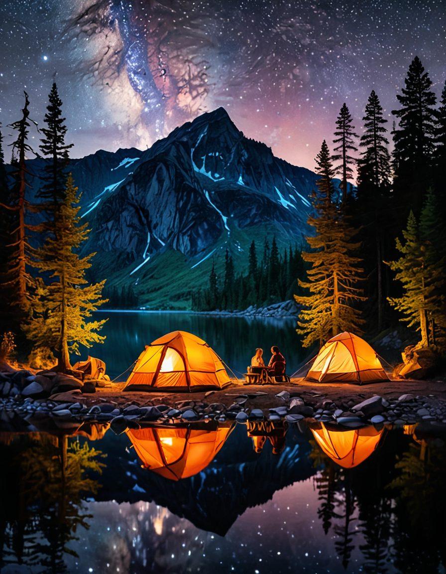 A serene twilight scene set in a national park, showcasing a cozy tent illuminated by soft fairy lights, surrounded by lush trees and a starry night sky. A couple enjoys a candlelit dinner outside the tent, with a campfire crackling beside them. The background features majestic mountains and a calm lake reflecting the stars. Romantic and adventurous atmosphere. vibrant colors. painterly style.