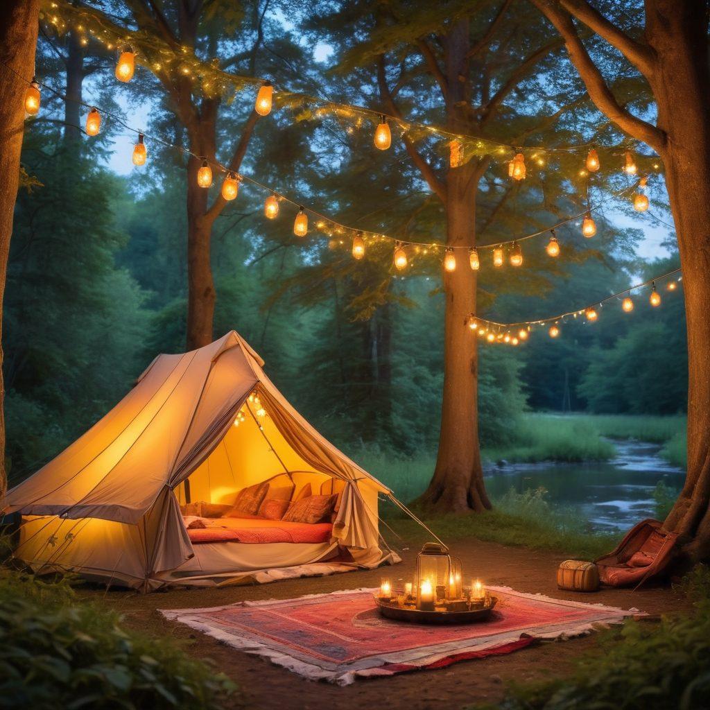 A cozy campsite nestled in a lush forest, featuring a beautifully set picnic blanket with two plates of gourmet food and a bottle of wine. Soft glowing lanterns hang from nearby trees, and a gentle stream flows in the background. The scene is bathed in warm sunset hues, with fireflies dancing around. A vintage tent adorned with fairy lights completes this romantic ambiance. painting. vibrant colors. soft focus.